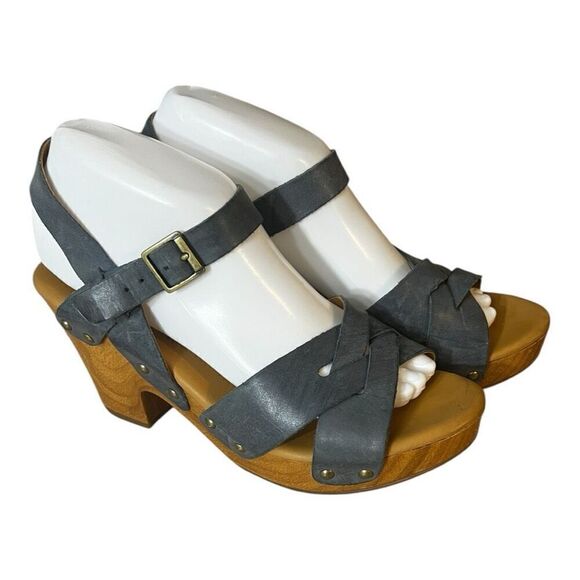 Korks Women Size 8M Grey Leather Sandals Heels Platforms Studded Buckle Strappy - Picture 11 of 12